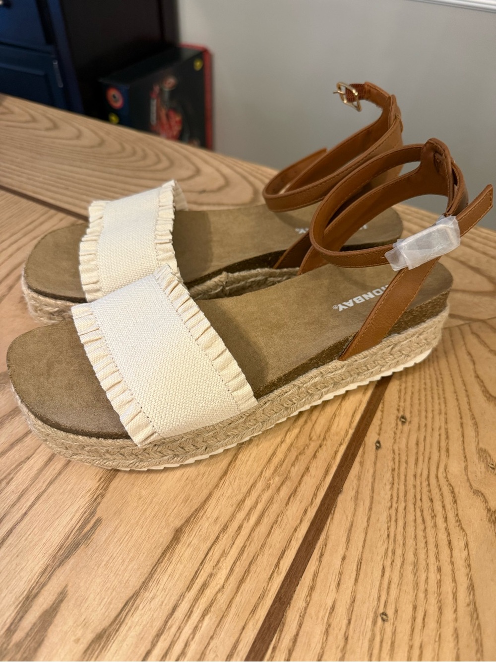 UNIONBAY Cream Canvas Espadrille Wedge Sandals with Brown Ankle Straps